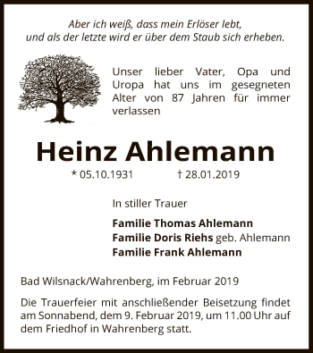 Traueranzeige von Heinz Ahlemann von Uelzen