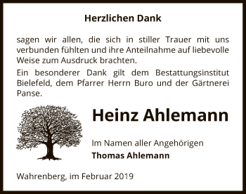 Traueranzeige von Heinz Ahlemann von Uelzen