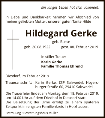 Traueranzeige von Hildegard Gerke von Uelzen