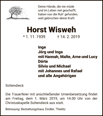Traueranzeige von Horst Wisweh von Uelzen