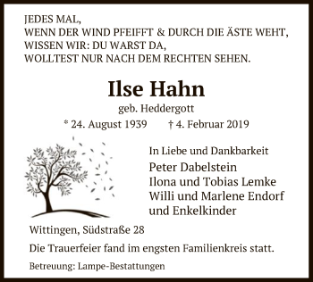Traueranzeige von Ilse Hahn von Uelzen