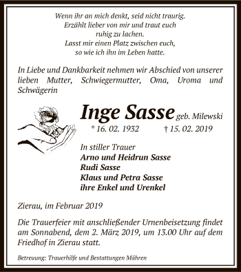 Traueranzeige von Inge Sasse von Uelzen