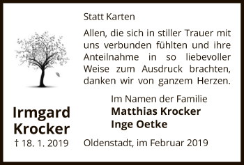 Traueranzeige von Irmgard Krocker von Uelzen
