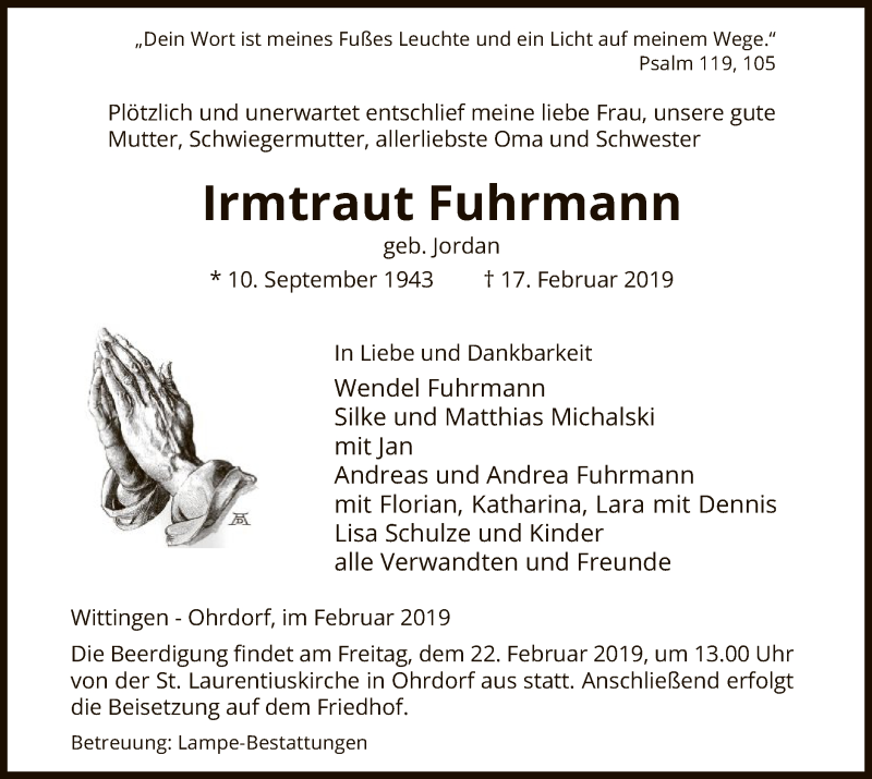  Traueranzeige für Irmtraut Fuhrmann vom 19.02.2019 aus Uelzen
