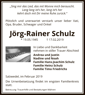 Traueranzeige von Jörg-Rainer Schulz von Uelzen