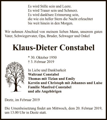 Traueranzeige von Klaus-Dieter Constabel von Uelzen
