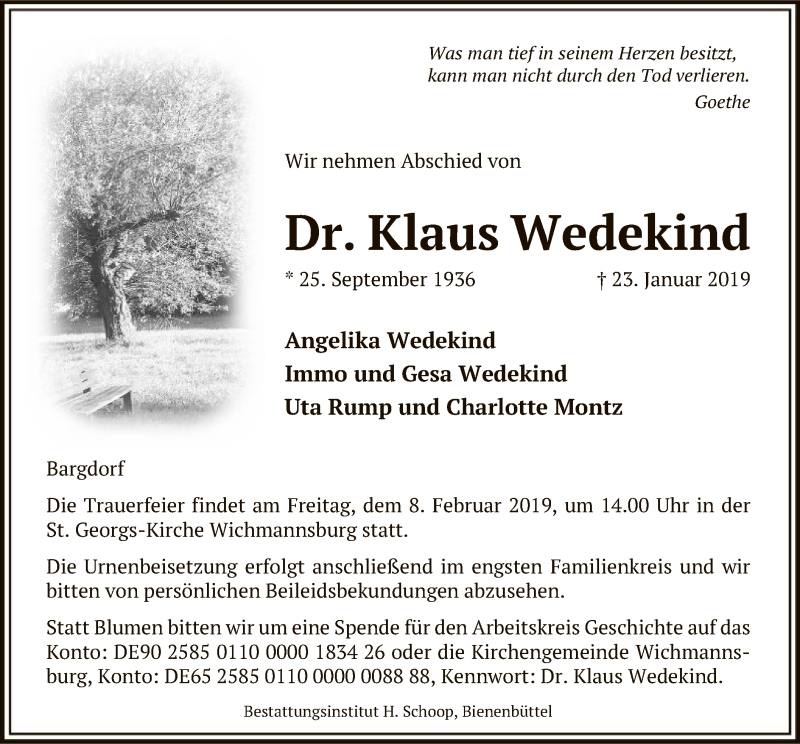  Traueranzeige für Klaus Wedekind vom 02.02.2019 aus Uelzen