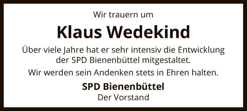  Traueranzeige für Klaus Wedekind vom 02.02.2019 aus Uelzen