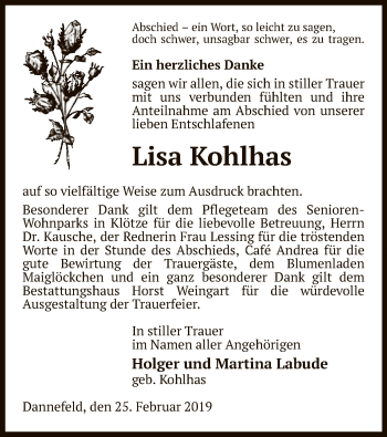 Traueranzeige von Lisa Kohlhas von Uelzen