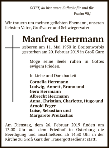 Traueranzeige von Manfred Herrmann von Uelzen