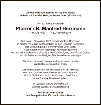 Traueranzeige von Manfred Herrmann von Uelzen