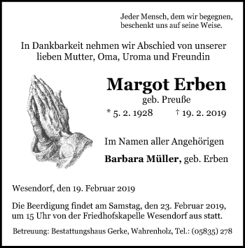 Traueranzeige von Margot Erben von Uelzen