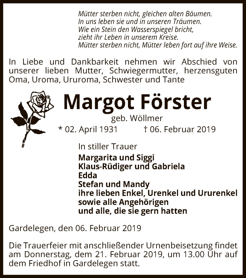  Traueranzeige für Margot Förster vom 13.02.2019 aus Uelzen