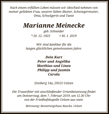 Traueranzeige von Marianne Meinecke von Uelzen