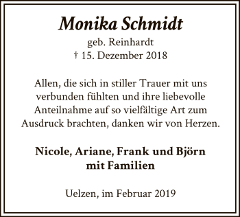 Traueranzeige von Monika Schmidt von Uelzen