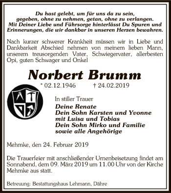 Traueranzeige von Norbert Brumm von Uelzen