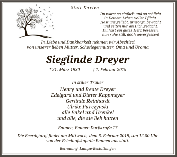 Traueranzeige von Sieglinde Dreyer von Uelzen
