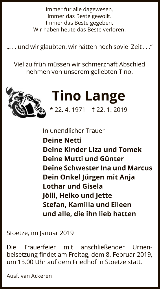  Traueranzeige für Tino Lange vom 02.02.2019 aus Uelzen