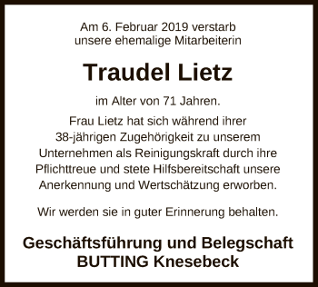 Traueranzeige von Traudel Lietz von Uelzen
