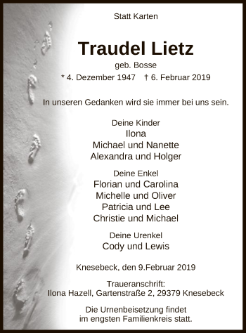 Traueranzeige von Traudel Lietz von Uelzen