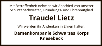 Traueranzeige von Traudel Lietz von Uelzen