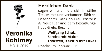 Traueranzeige von Veronika Kohlmey von Uelzen