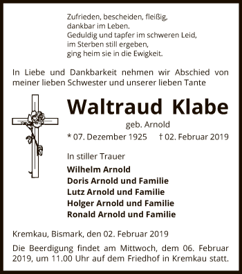 Traueranzeige von Waltraud Klabe von Uelzen