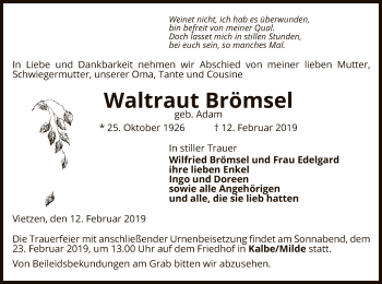 Traueranzeige von Waltraut Brömsel von Uelzen