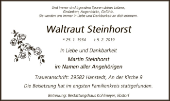 Traueranzeige von Waltraut Steinhorst von Uelzen