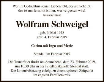 Traueranzeige von Wolfram Schweigel von Uelzen