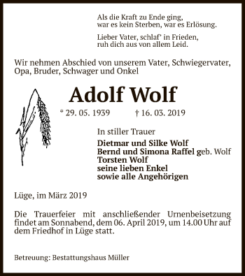 Traueranzeige von Adolf Wolf von Uelzen