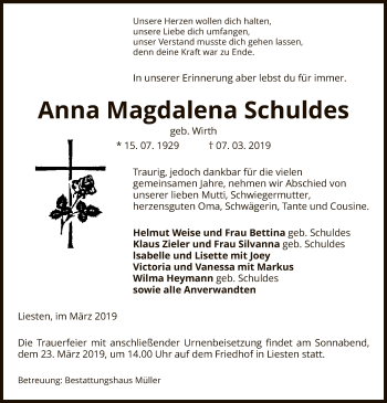 Traueranzeige von Anna Magdalena Schuldes von Uelzen