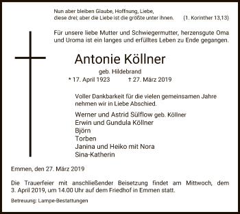 Traueranzeige von Antonie Köllner von Uelzen