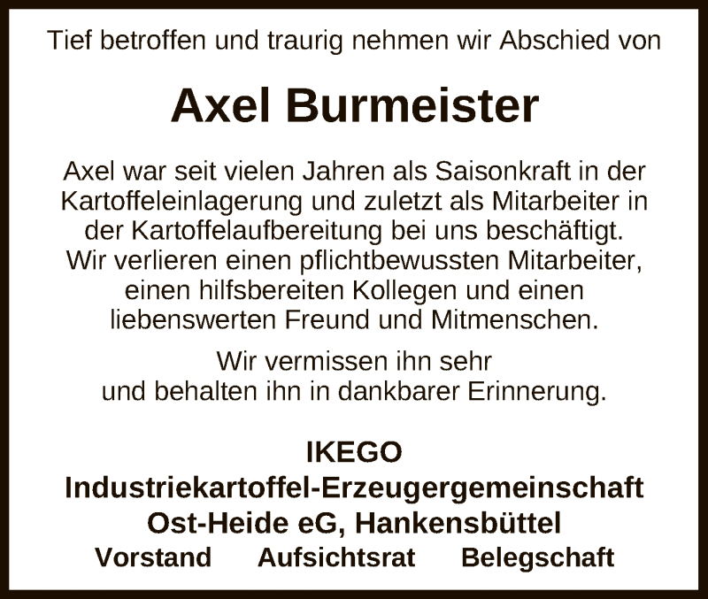  Traueranzeige für Axel Burmeister vom 11.03.2019 aus Uelzen