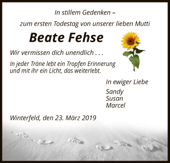 Traueranzeige von Beate Fehse von Uelzen