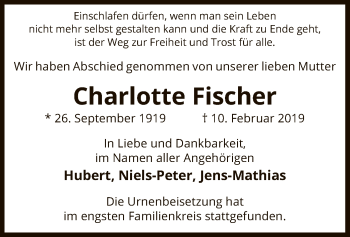 Traueranzeige von Charlotte Fischer von Uelzen