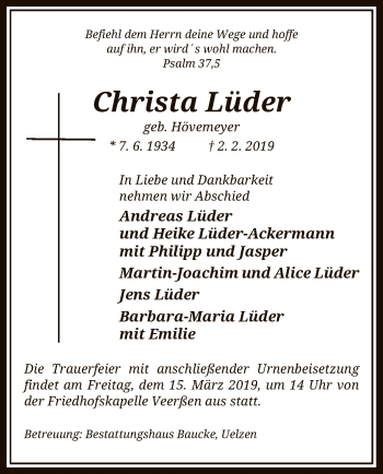 Traueranzeige von Christa Lüder von Uelzen