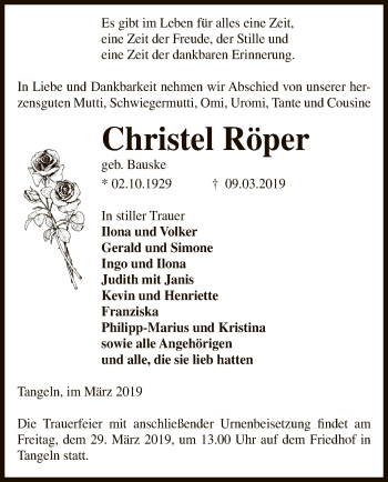 Traueranzeige von Christel Röper von Uelzen