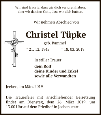 Traueranzeige von Christel Tüpke von Uelzen