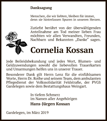 Traueranzeige von Cornelia Kossan von Uelzen