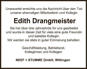 Traueranzeige von Edith Drangmeister von Uelzen