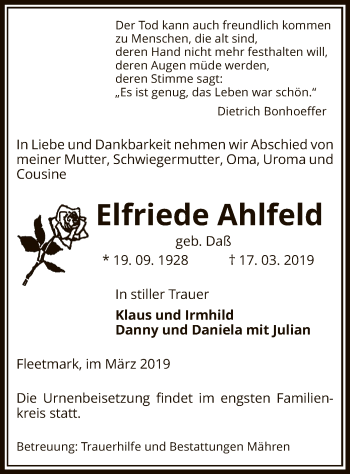 Traueranzeige von Elfriede Ahlfeld von Uelzen