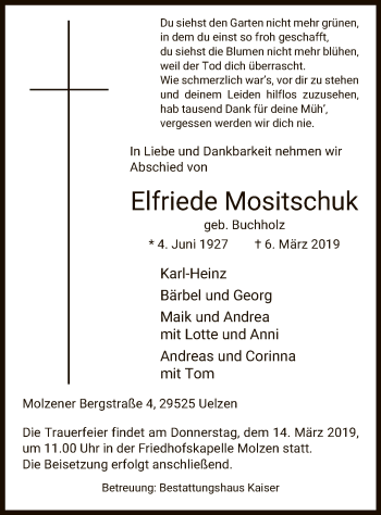 Traueranzeige von Elfriede Mositschuk von Uelzen