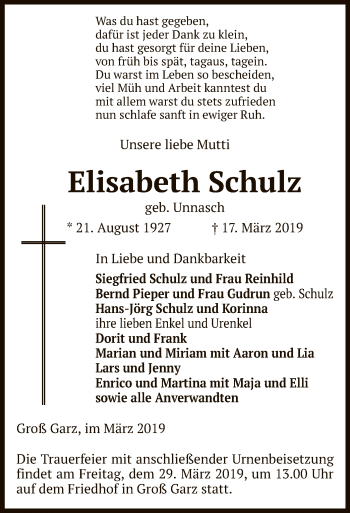 Traueranzeige von Elisabeth Schulz von Uelzen