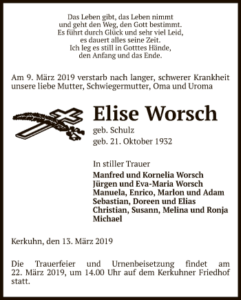 Traueranzeige von Elise Worsch von Uelzen