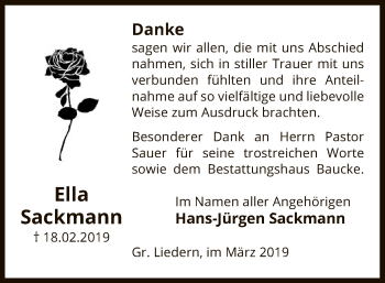 Traueranzeige von Ella Sackmann von Uelzen