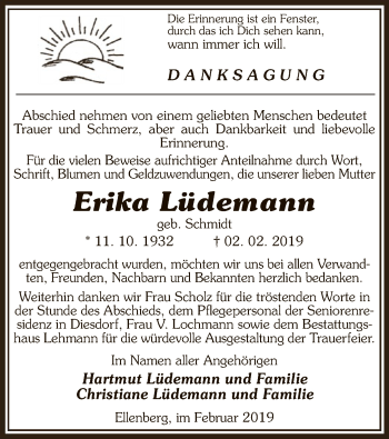 Traueranzeige von Erika Lüdemann von Uelzen