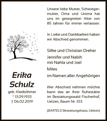 Traueranzeige von Erika Schulz von Uelzen
