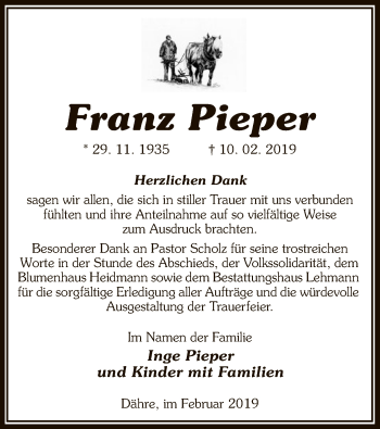Traueranzeige von Franz Pieper von Uelzen