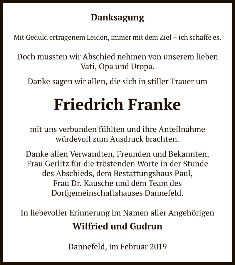  Traueranzeige für Friedrich Franke vom 02.03.2019 aus Uelzen